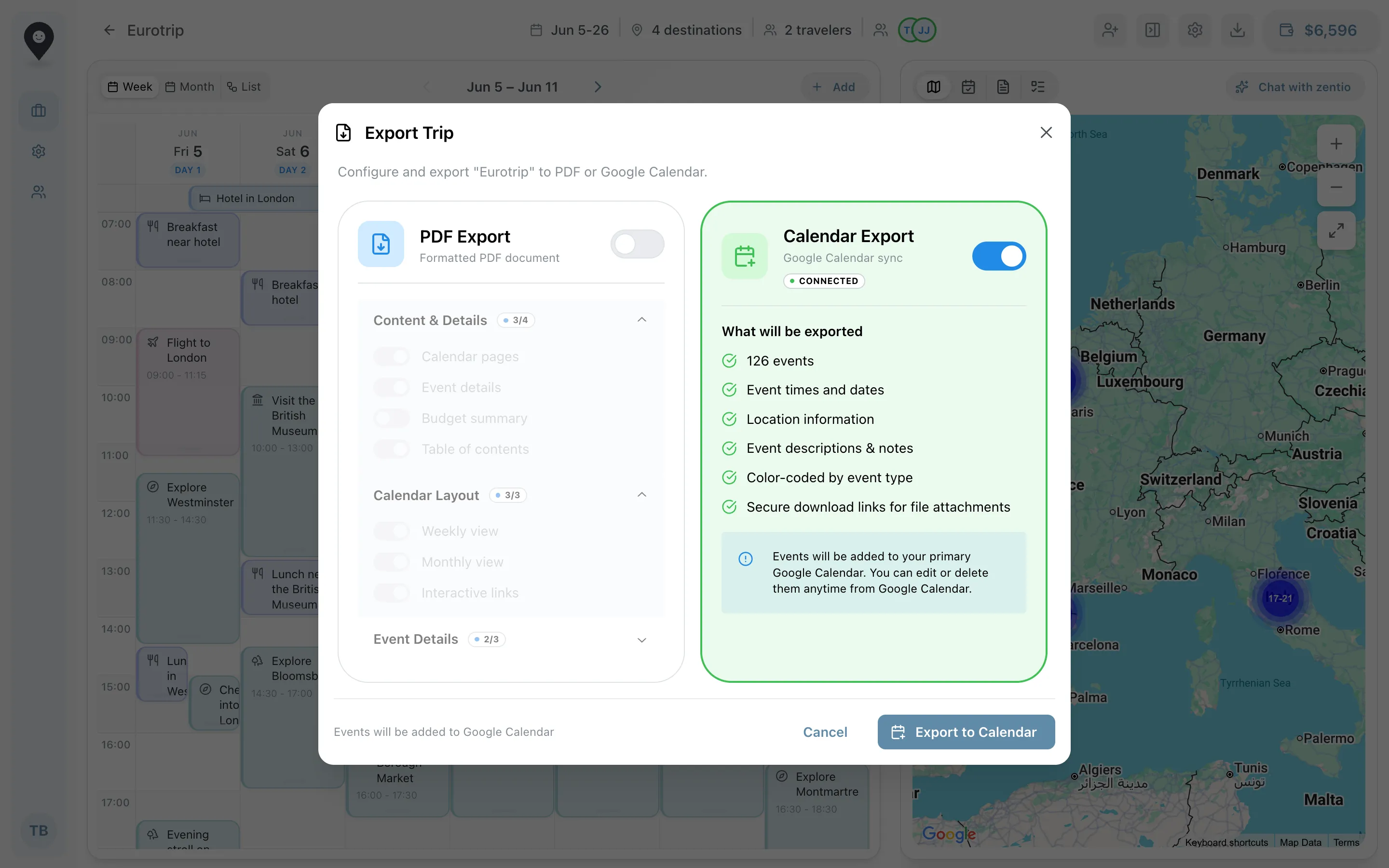 Google Calendar export with trip events
