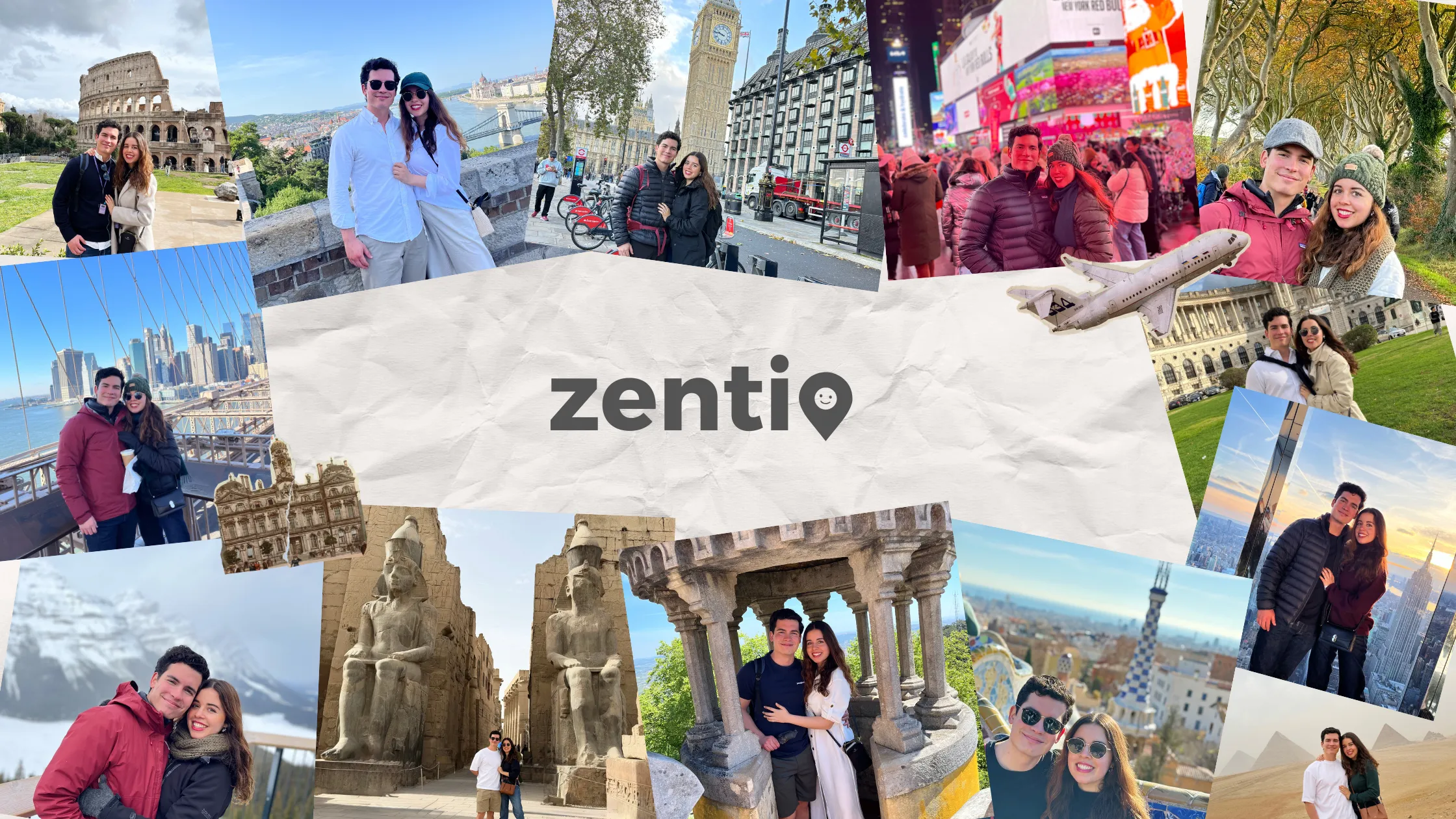 Travel collage featuring the founders of zentio exploring the world together