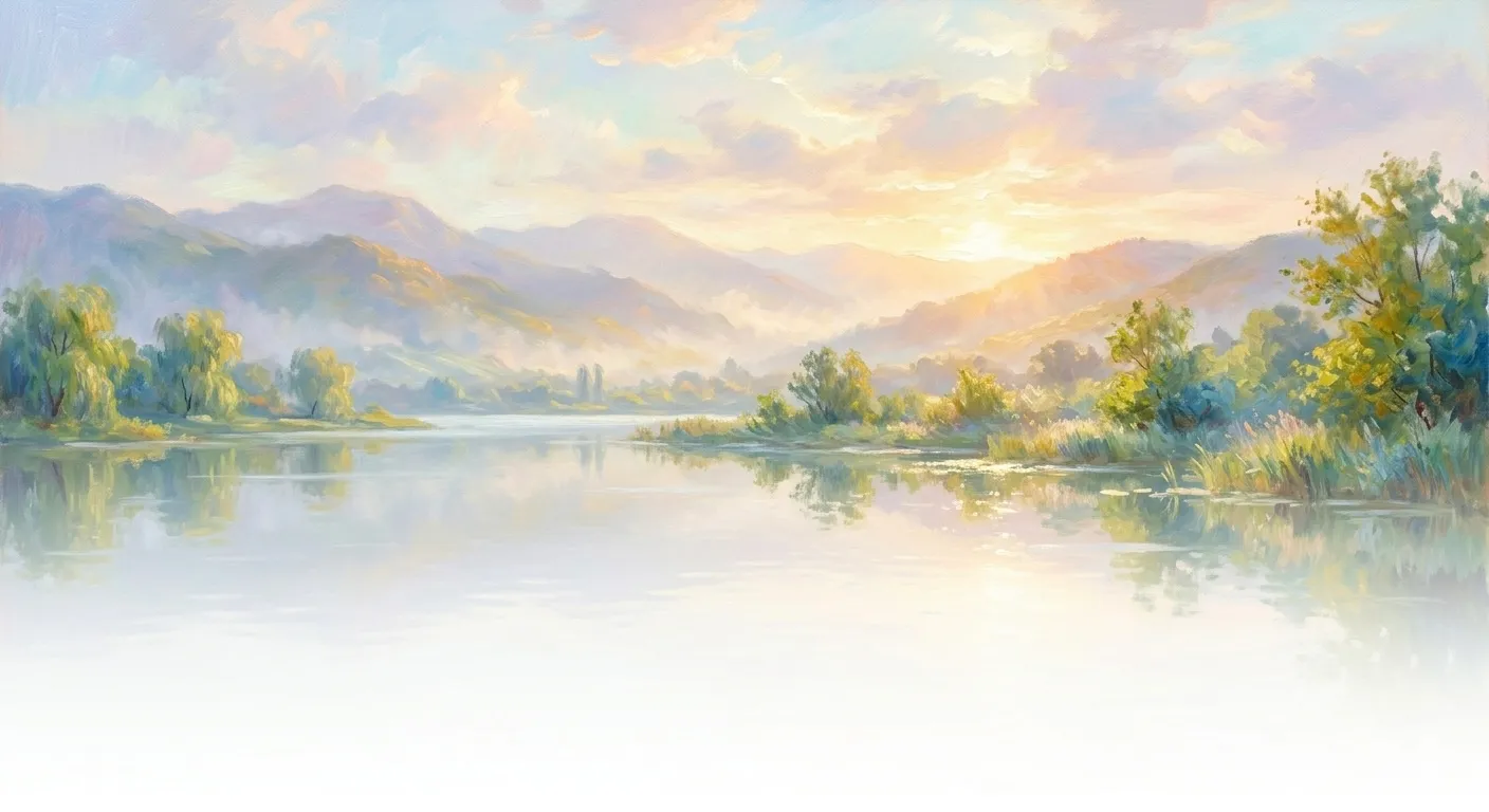 Serene lake surrounded by mountains at sunrise